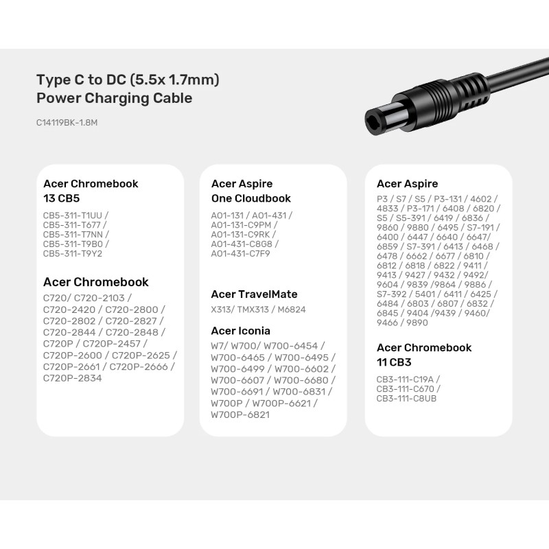 Unitek UCL USB-C to DC Cable 1.8m 65W for Acer 5.5 1.7mm - C14119BK - Unitek UCL USB-C to DC Cable 1.8m 65W for Acer 5.5 1.7mm