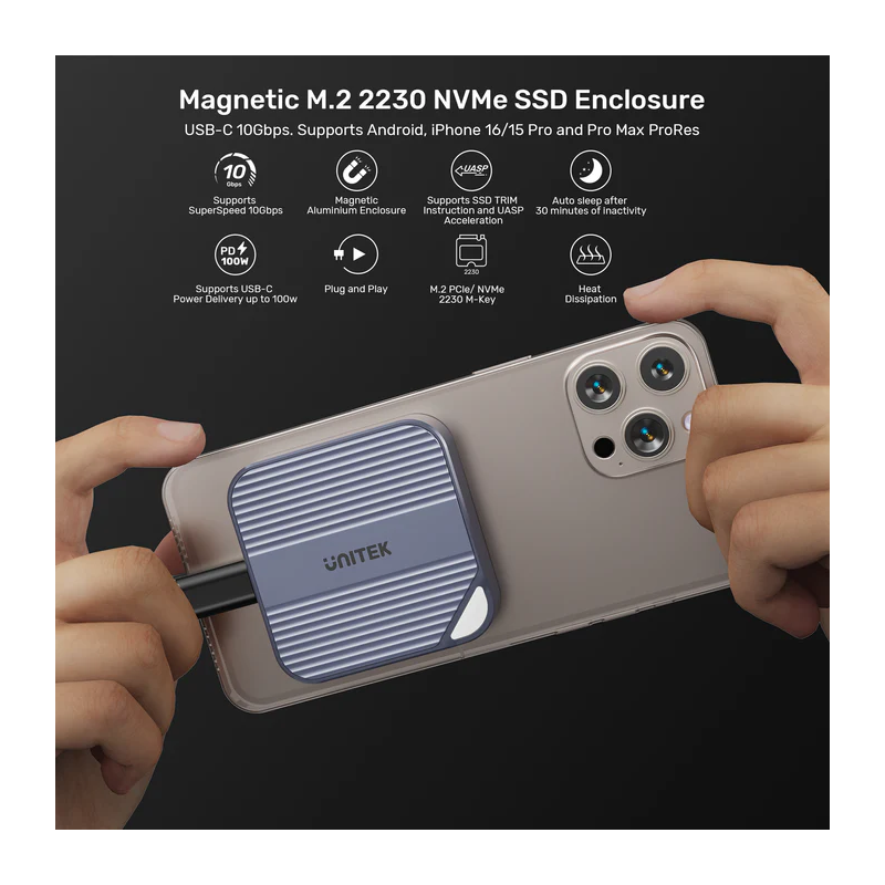 Unitek USB-C NVME PCIe M2 2230 Magnetic SSD Enclosure - S1244A - 10Gbps PD100W — Buy in Cyprus with Fast Delivery