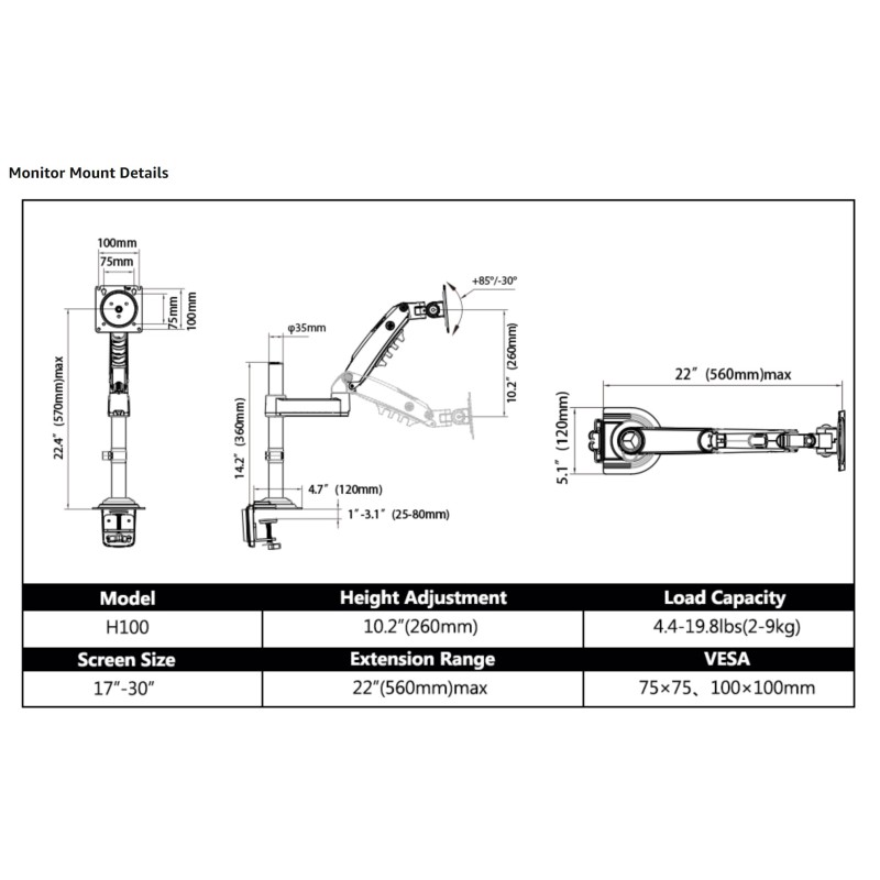 NBMounts H100 Single Arm Gas Desktop Monitor Mount (upgraded version) — Buy in Cyprus with Fast Delivery