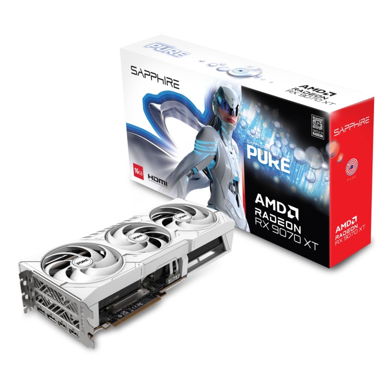 Sapphire PURE Radeon RX 9070 XT - 16GB GDDR6 - 3010 MHz Boost - White Tri‑X 3‑Fan OC (UEFI)