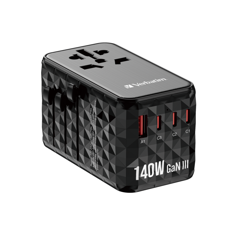 Verbatim Charger Travel Adapter World to World GAN III 140W 2xC 2xA - UTA-10 - World to World GAN III 140W 2xC 2xA