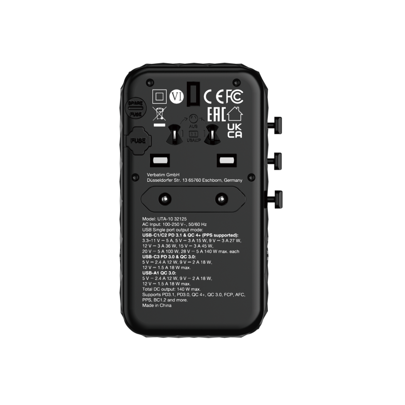 Verbatim Charger Travel Adapter World to World GAN III 140W 2xC 2xA - UTA-10 - World to World GAN III 140W 2xC 2xA