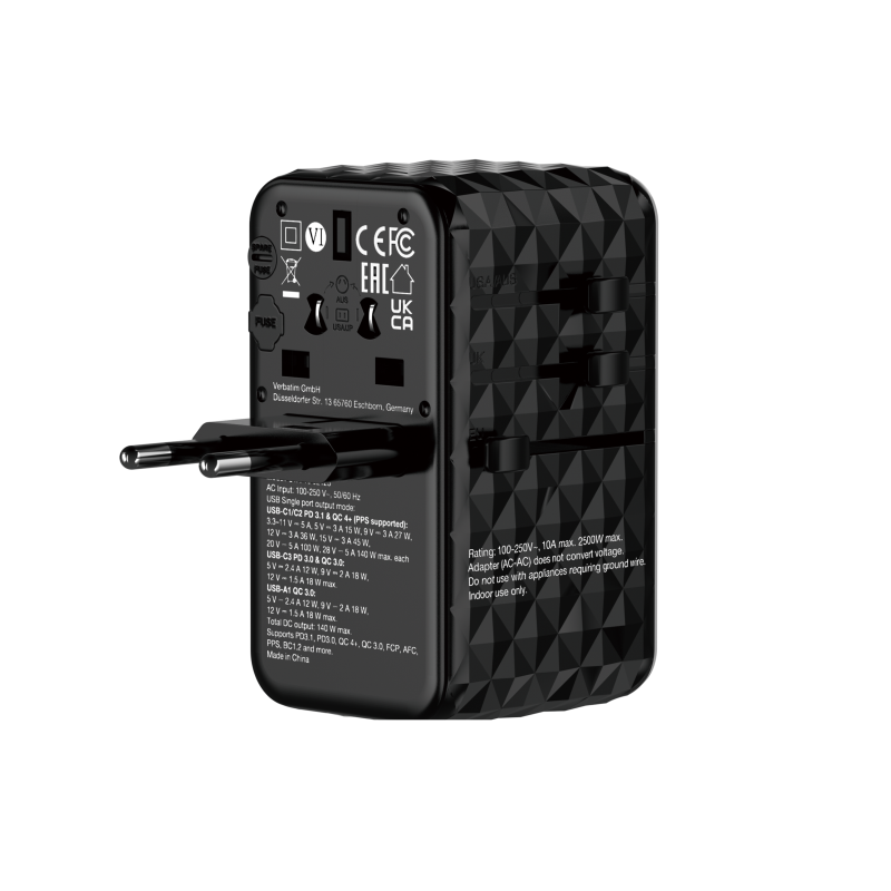 Verbatim Charger Travel Adapter World to World GAN III 140W 2xC 2xA - UTA-10 - World to World GAN III 140W 2xC 2xA