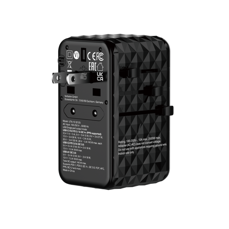 Verbatim Charger Travel Adapter World to World GAN III 140W 2xC 2xA - UTA-10 - World to World GAN III 140W 2xC 2xA