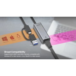 Unitek Converter USB-C to LAN Gigabit Ethernet+USB-A - Y-3465A - USB-C to LAN Gigabit Ethernet+USB-A