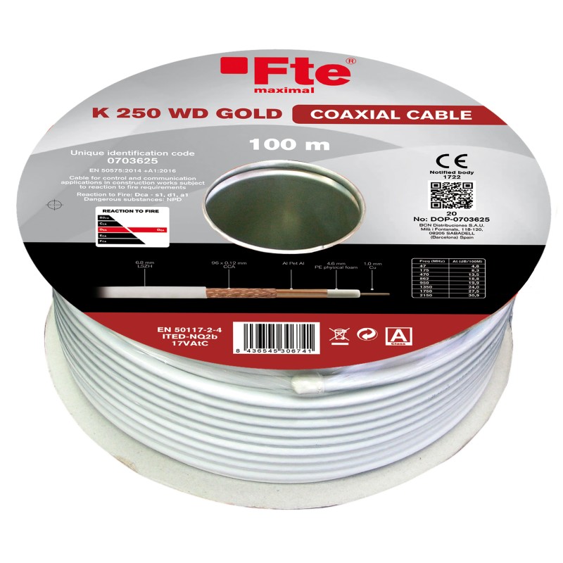 FTE Coaxial RG6 Copper LSZH Cable 100m CPR Dca - K250WD - Gold — Buy in Cyprus with Fast Delivery