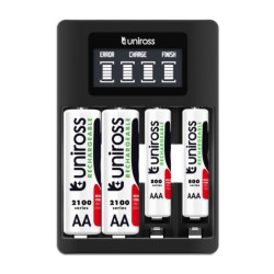 Uniross USB Charger for AA AAA Incl 4xAA 2100 Batteries - UCU002A - Fast 2hr USB Charger for AA AAA Incl 4xAA 2100 Batteries