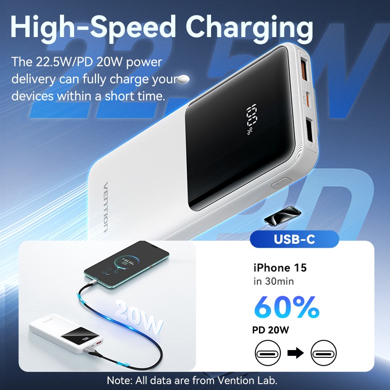Vention Powerbank 10000mAh 22.5W Built-in USB-C+Lightning - FHOB0 - Black — Buy in Cyprus with Fast Delivery