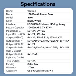Vention Powerbank 10000mAh 22.5W Built-in USB-C+Lightning - FHOB0 - Black — Buy in Cyprus with Fast Delivery