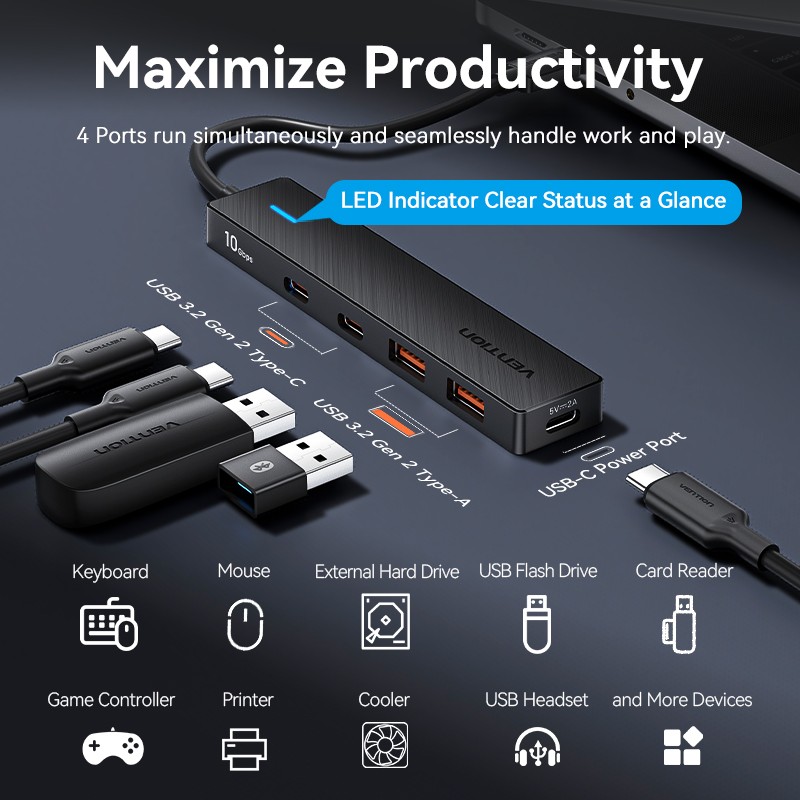 Vention IT HUB USB-C 2xA 2xC 3.2 Gen2 - CHYBB - USB-C 2xA 2xC 3.2 Gen2 + USBC Power Port — Buy in Cyprus with Fast Delivery