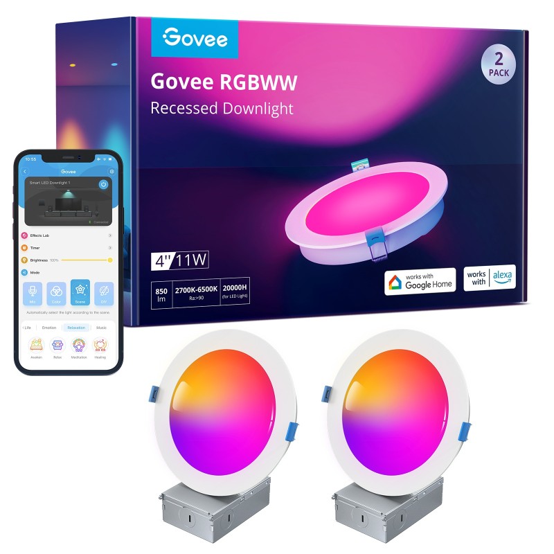 Govee Smart Recessed Lights - B601B - 4'' Wi-Fi & BT RGBWW 850 Lumen with Junction Box (2 Pack)