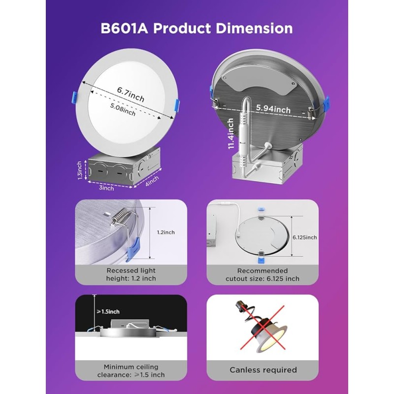 Govee Smart Recessed Lights - B601B - 4'' Wi-Fi & BT RGBWW 850 Lumen with Junction Box (2 Pack)