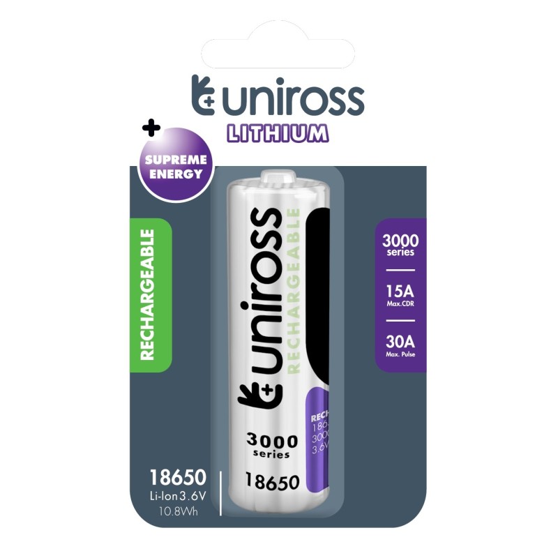 Uniross Rechargeable 18650BT Lithium Battery 3000mAh - U1BT1830SP - Rechargeable 18650BT Lithium Battery 3000mAh