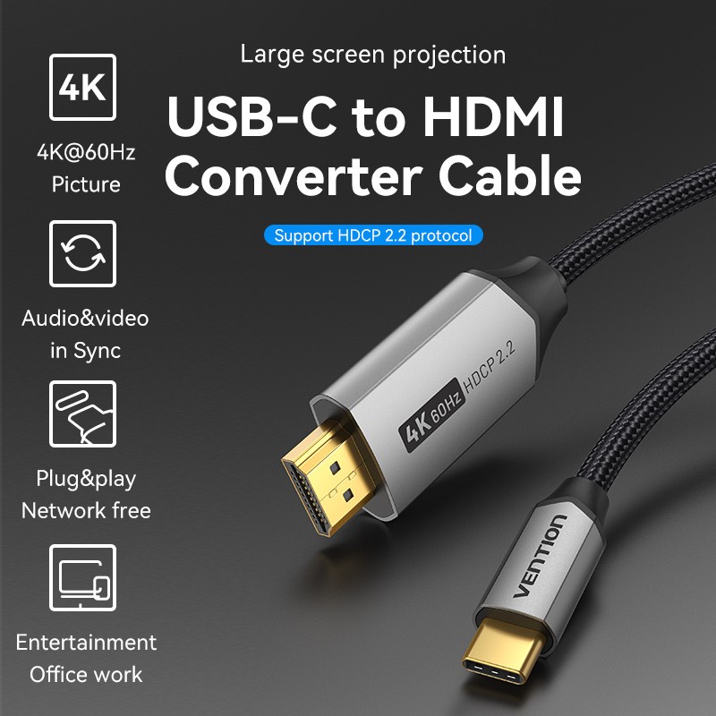 Vention USB-C to HDMI Converter Cable - CRBBF - Braided 4K60Hz 1.0m — Buy in Cyprus with Fast Delivery
