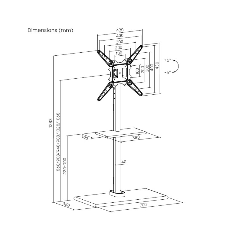 Brateck TV Floorstand 40x40 1.07m 35kg Shelf & MDF - FS41-44T-02 - 40x40, 1.07m, 35kg, Shelf & MDF