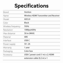 Vention HDMI Wireless Transmitter-Receiver Kit 5GHz 1080p Blue - ADCL0 - HDMI Wireless Transmitter-Receiver Kit 5GHz 1080p Blue
