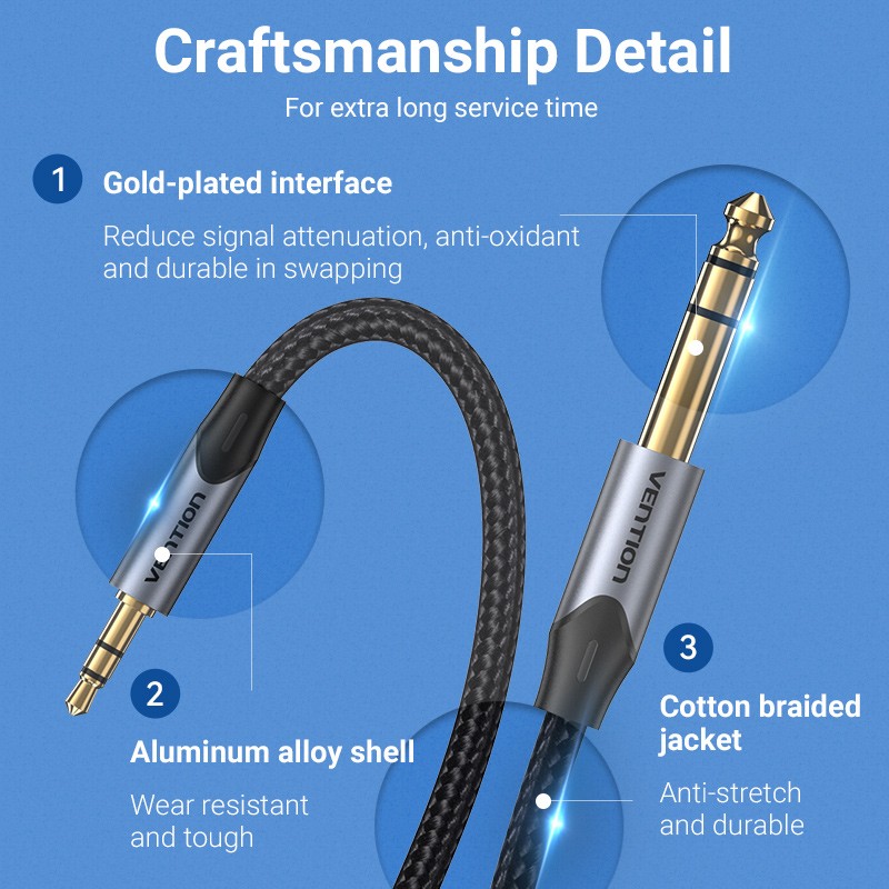 Vention AUDIO Cable - BAUHL - 3.5mm to 6.3mm M-M TRS Cable Braided Alum 10.0m — Buy in Cyprus with Fast Delivery