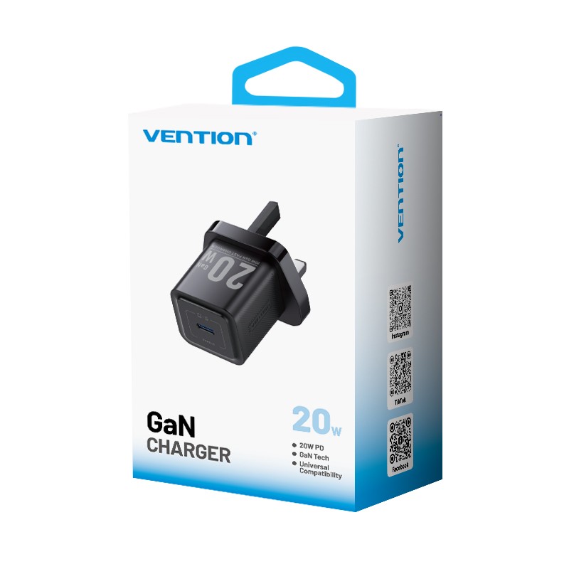 Vention Charger Wall GaN 20W 1xUSBC UK-Plug Mini Black - FEPB0-UK - GaN 20W 1xUSBC UK-Plug Mini Black