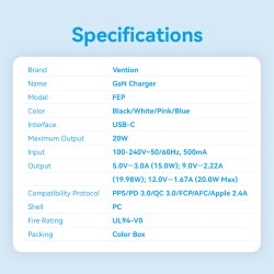 Vention Charger Wall GaN 20W 1xUSBC UK-Plug Mini Black - FEPB0-UK - GaN 20W 1xUSBC UK-Plug Mini Black