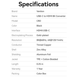 Vention Converter USB-C to HDMI Adaptor - CRDBC - 0.25m 8K60Hz Metal — Buy in Cyprus with Fast Delivery