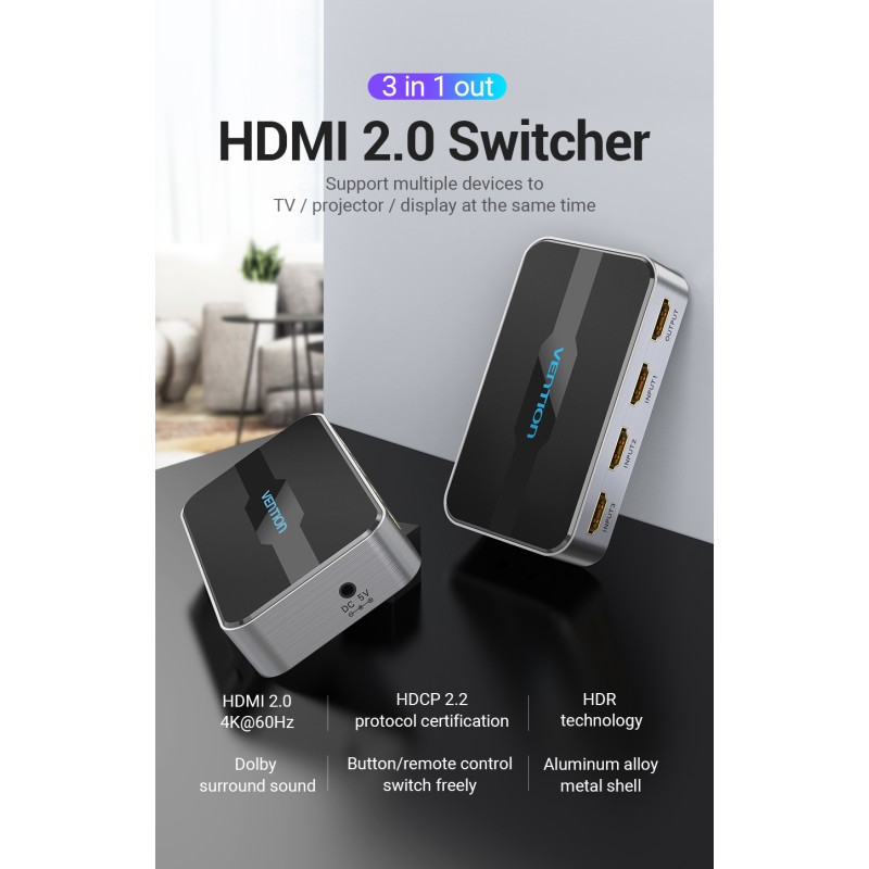 Vention HDMI Switch - AFOH0 - 3-Port 4K 2.0 w Remote Control — Buy in Cyprus with Fast Delivery