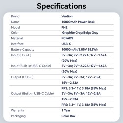 Vention Powerbank 10000mAh 35W Mini Size Built-in USBC Black - FHEH0 - 10000mAh 35W Mini Size Built-in USBC Black