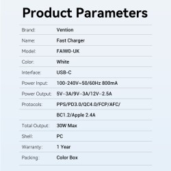 Vention Charger Wall - FAIW0-UK - 30W 1xUSBC UK Plug White — Buy in Cyprus with Fast Delivery