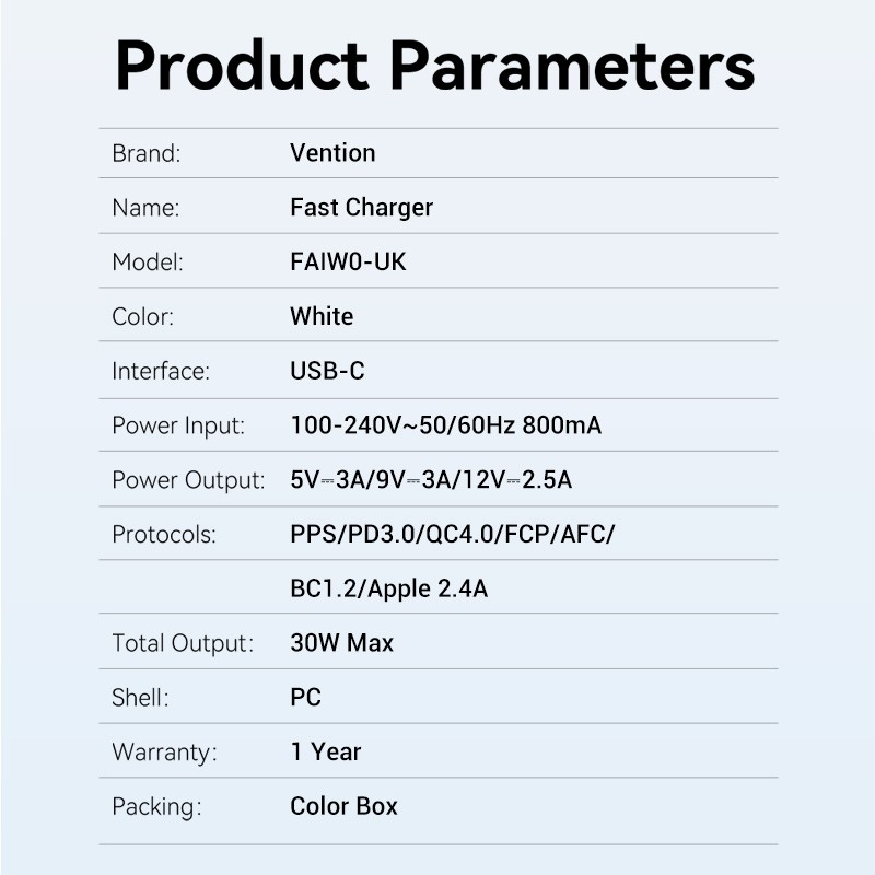 Vention Charger Wall - FAIW0-UK - 30W 1xUSBC UK Plug White — Buy in Cyprus with Fast Delivery