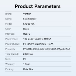 Vention Charger Wall - FADB0-UK - 20W 1xUSBC Black — Buy in Cyprus with Fast Delivery