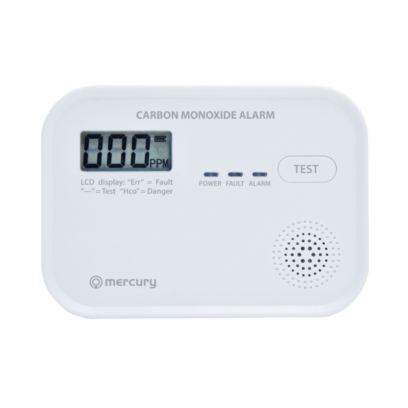 Mercury COD-218A Standalone Carbon Monoxide Alarm with LCD Display showing CO levels 350.139UK