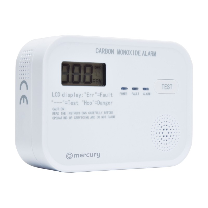 Mercury COD-218A Standalone Carbon Monoxide Alarm with LCD Display showing CO levels 350.139UK