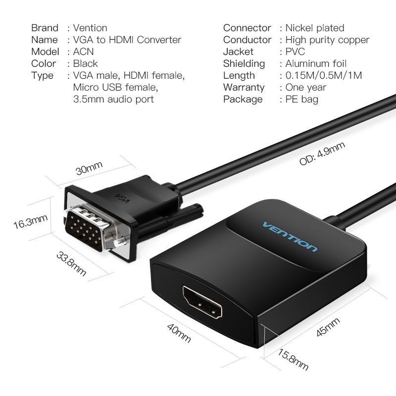 Vention Converter VGA+Audio to HDMI & USB Power - ACNBD - 0.5m — Buy in Cyprus with Fast Delivery