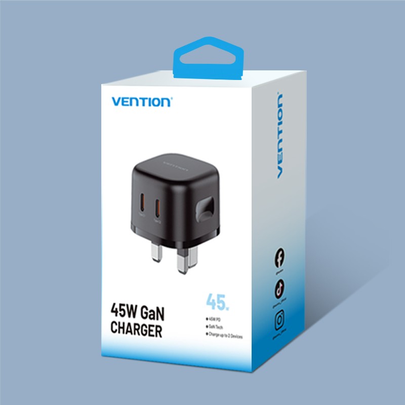 Vention Charger - FESB0-UK - Wall GaN 45W 2xUSBC Black — Buy in Cyprus with Fast Delivery