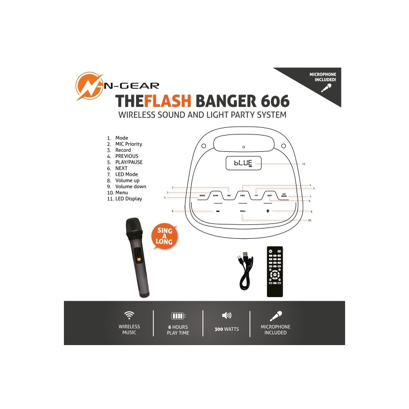 N-Gear FLASHBANGER Karaoke Speaker - 606 - BT USB with 1x Wireless Microphone — Buy in Cyprus with Fast Delivery