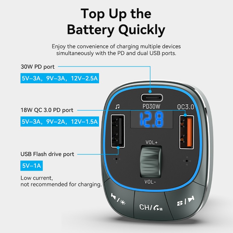 Vention Car FM Transmitter, USB Music Player & Charger - FFLB0 - 3xUSB 30W 18W 5W — Buy in Cyprus with Fast Delivery