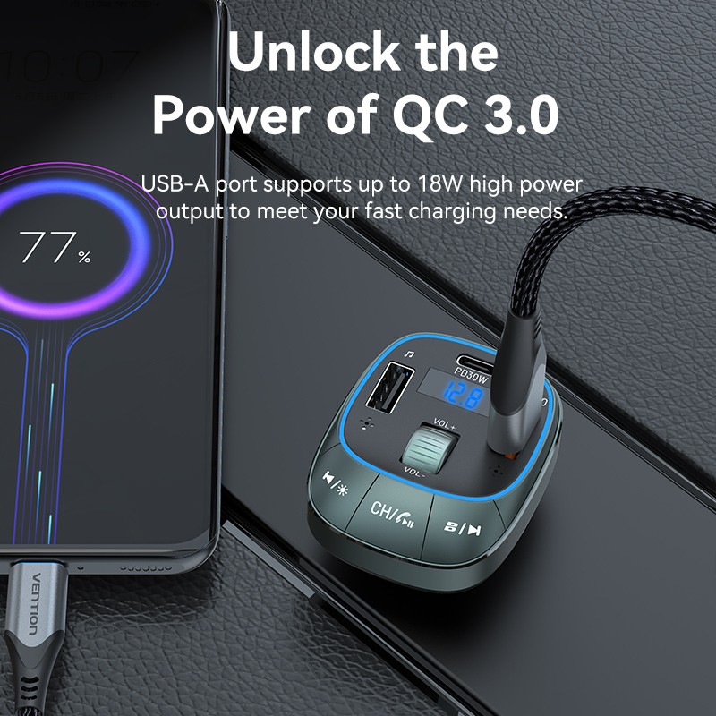 Vention Car FM Transmitter, USB Music Player & Charger - FFLB0 - 3xUSB 30W 18W 5W — Buy in Cyprus with Fast Delivery