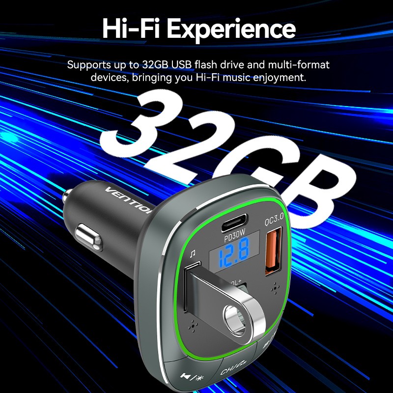 Vention Car FM Transmitter, USB Music Player & Charger - FFLB0 - 3xUSB 30W 18W 5W — Buy in Cyprus with Fast Delivery