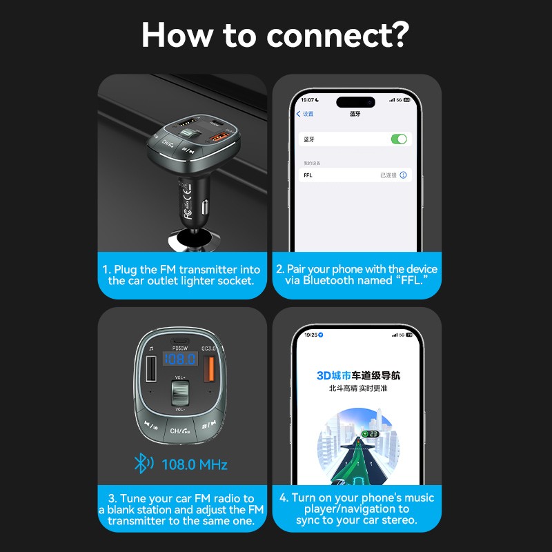 Vention Car FM Transmitter, USB Music Player & Charger - FFLB0 - 3xUSB 30W 18W 5W — Buy in Cyprus with Fast Delivery