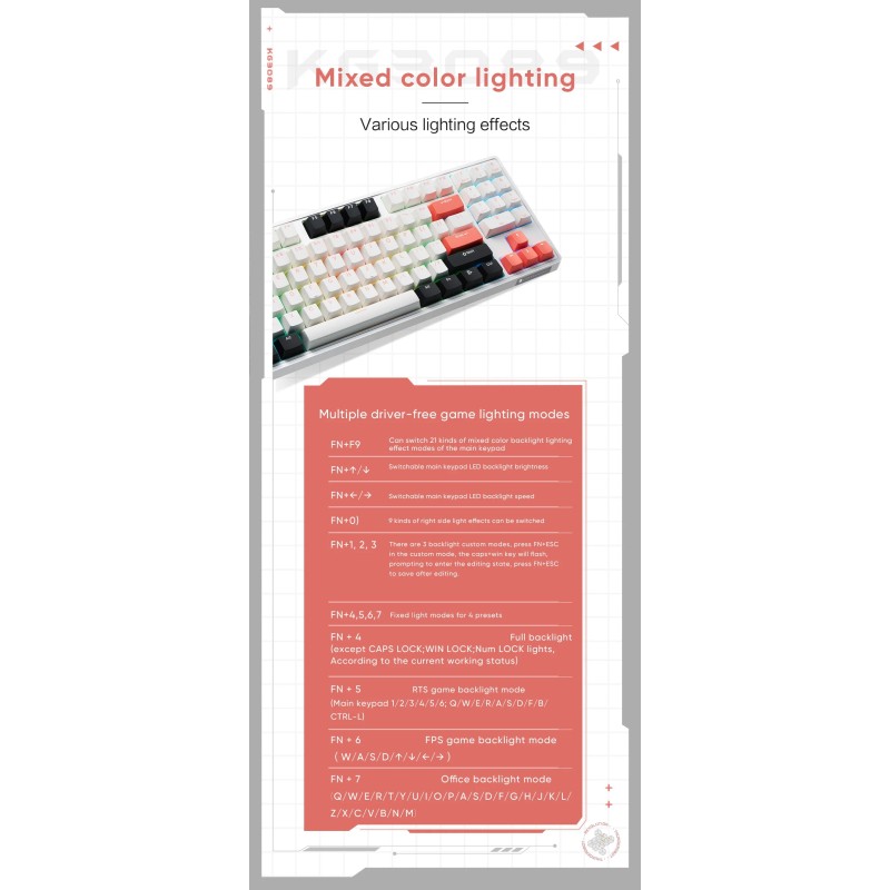Thunderobot White Mechanical Gaming Keyboard 89 Red Switch Keys - KG3089 - White Mechanical Gaming Keyboard 89 Red Switch Keys