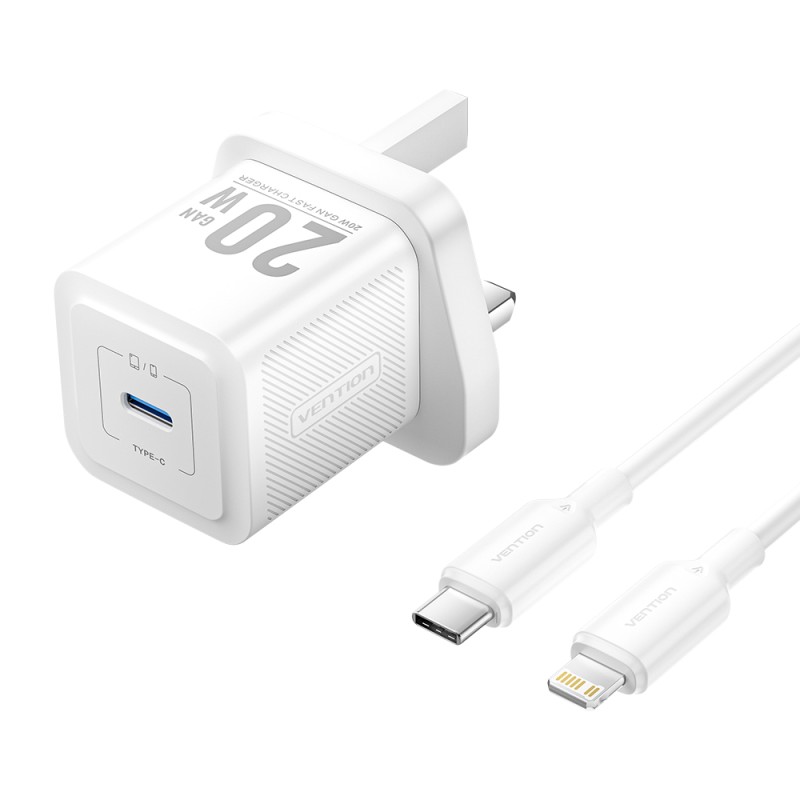 Vention Charger Wall GaN 20W - FEPW0 - 1xUSBC UK+Lightning Cable White — Buy in Cyprus with Fast Delivery