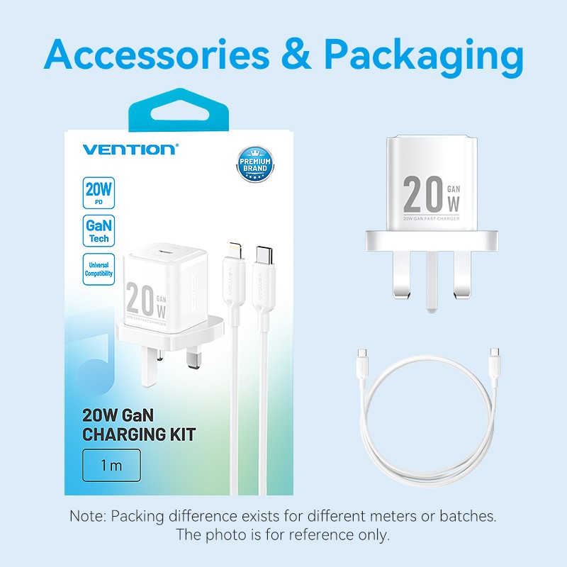 Vention Charger Wall GaN 20W - FEPW0 - 1xUSBC UK+Lightning Cable White — Buy in Cyprus with Fast Delivery