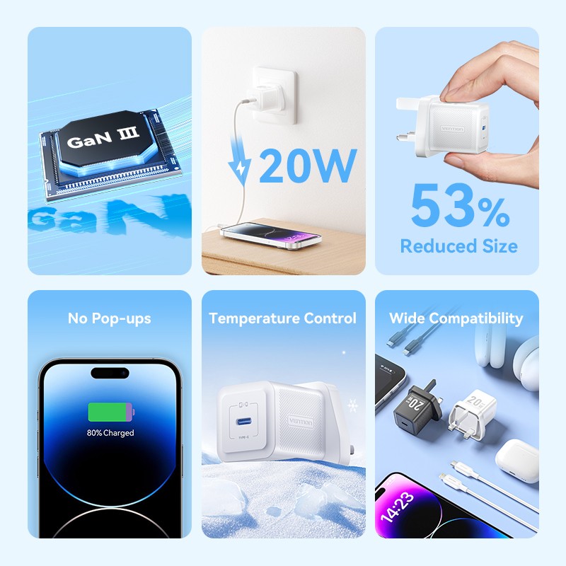 Vention Charger Wall GaN 20W - FEPW0 - 1xUSBC UK+Lightning Cable White — Buy in Cyprus with Fast Delivery