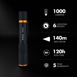 Uniross USB Rechargeable Torch - GX500 - IP44 Waterproof Aluminium 1000 lumens 140m Beam 120hrs Battery