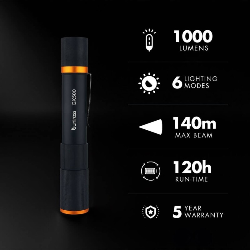 Uniross USB Rechargeable Torch - GX500 - IP44 Waterproof Aluminium 1000 lumens 140m Beam 120hrs Battery