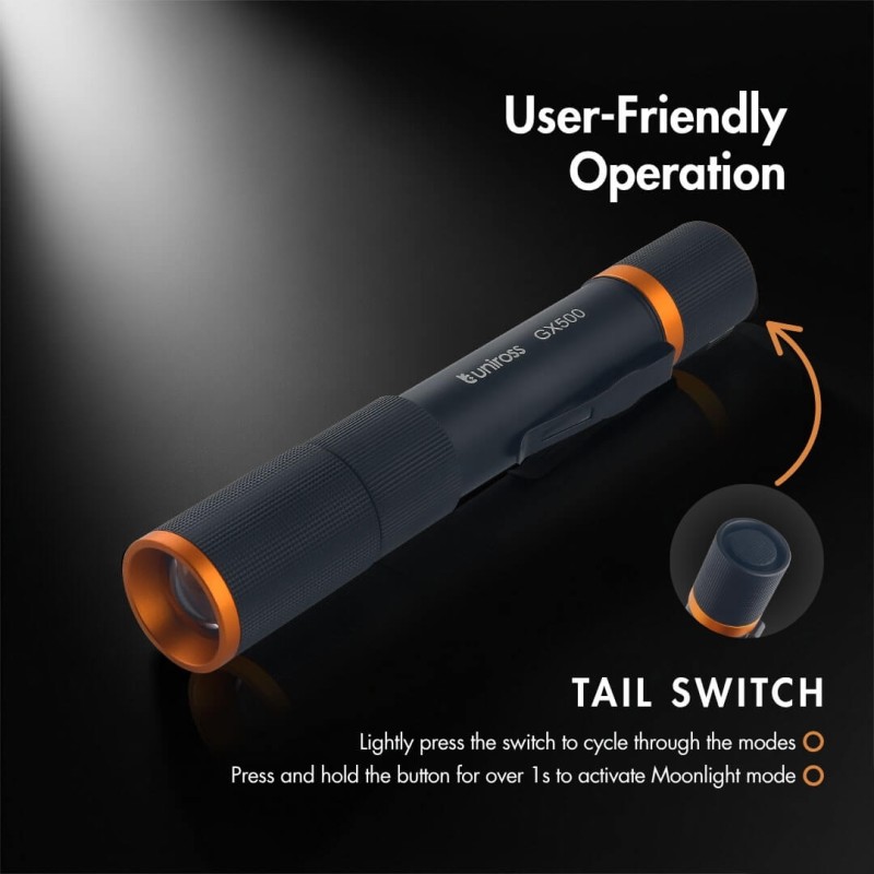 Uniross USB Rechargeable Torch - GX500 - IP44 Waterproof Aluminium 1000 lumens 140m Beam 120hrs Battery