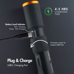 Uniross USB Rechargeable Torch - GX500 - IP44 Waterproof Aluminium 1000 lumens 140m Beam 120hrs Battery
