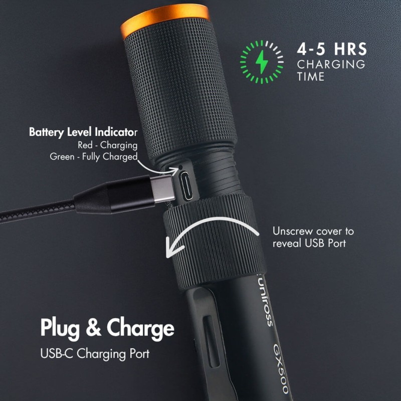 Uniross USB Rechargeable Torch - GX500 - IP44 Waterproof Aluminium 1000 lumens 140m Beam 120hrs Battery