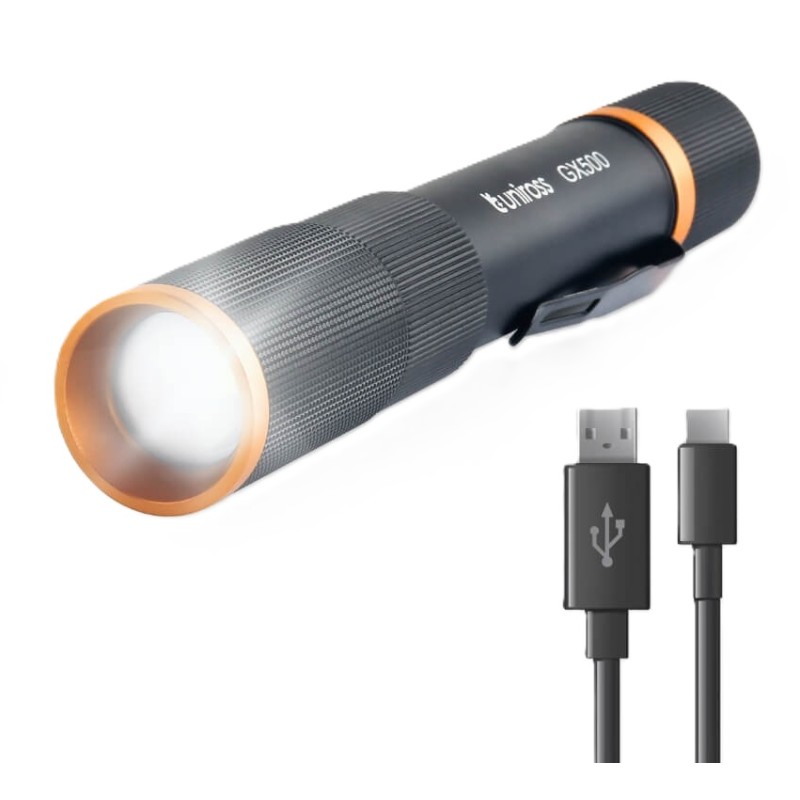 Uniross USB Rechargeable Torch - GX500 - IP44 Waterproof Aluminium 1000 lumens 140m Beam 120hrs Battery