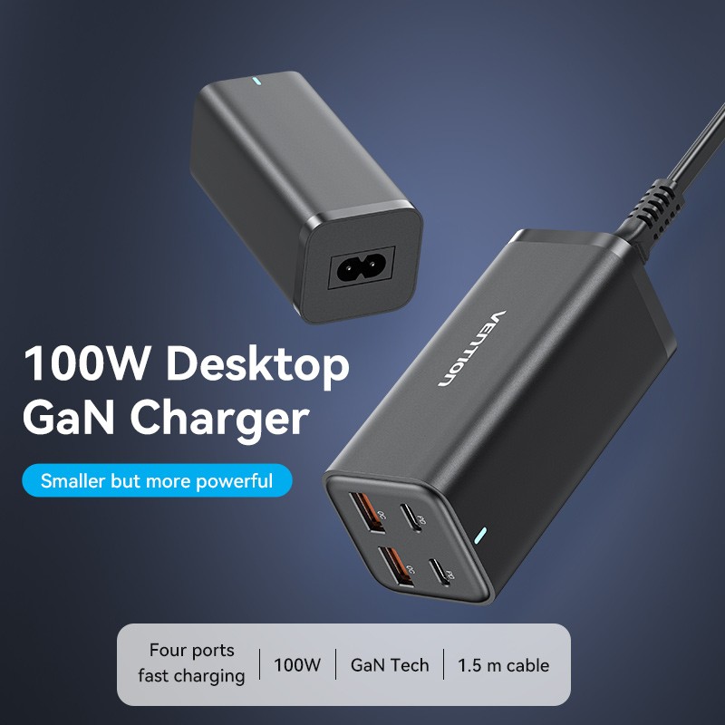 Vention Charger Desktop Station 100W 2xC 2xA+240W Cable Black - FBSBG-UK - 100W 2xC 2xA+240W Cable Black