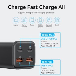 Vention Charger Desktop Station 100W 2xC 2xA+240W Cable Black - FBSBG-UK - 100W 2xC 2xA+240W Cable Black